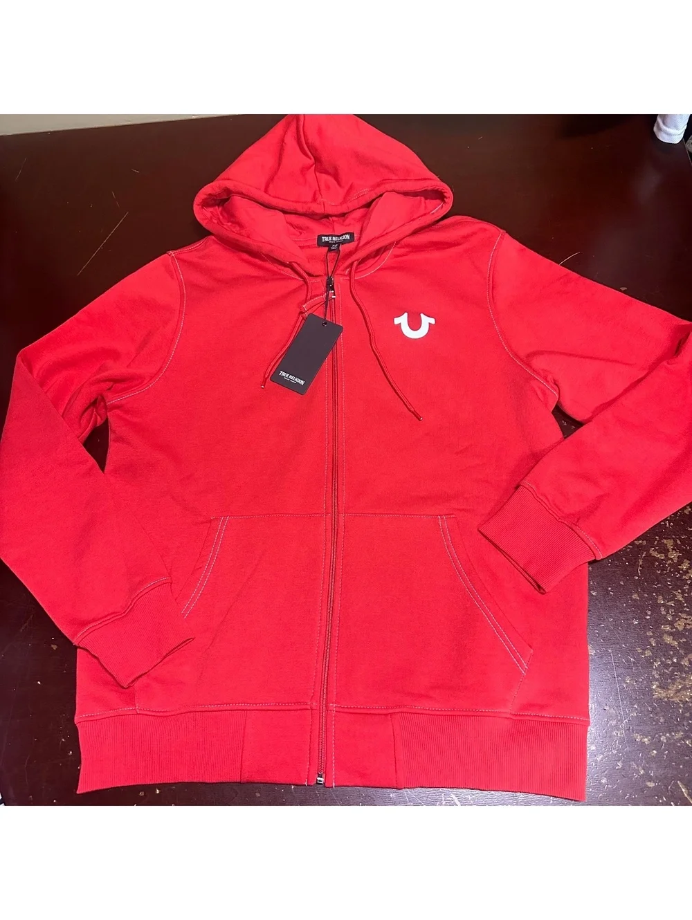 True religion, Red, men’s Buddha graphic full zip hoodie, large